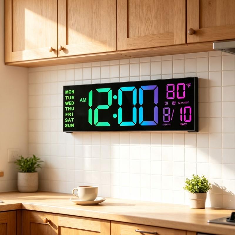 Wall Mounted Digital Clock with Large LED Numerals, Multi-Color Changing Display, Remote Control, Adjustable Brightness for Home Wall