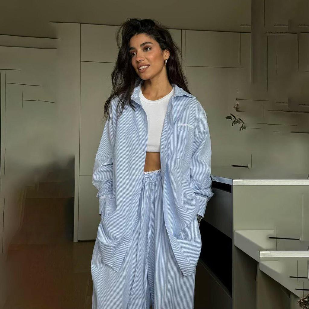 Autumn Cross-Border French Style Striped Shirt & Straight-Leg Pants Set
