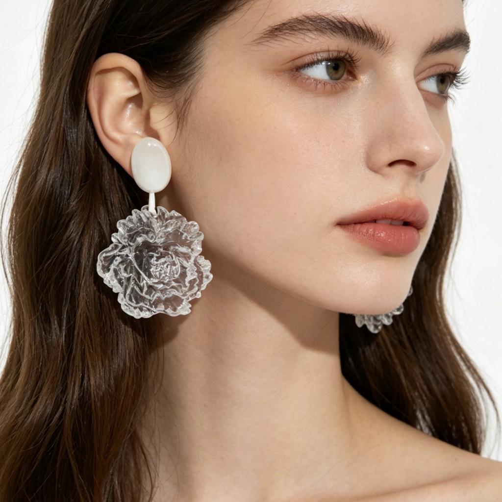Camellia Fiore di Ghiaccio alla Moda Fiore Tridimensionale Resina di Alta Gamma Luce Lusso Orecchini da Donna di Alta Gamma