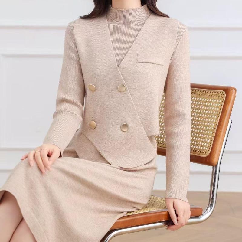 

Качественный двухбортный вязаный многослойный жилет свитер юбка комплект женский осенне-зимний новый темпераментный элегантный вязаный свитер комплект one size fits all абрикосовый