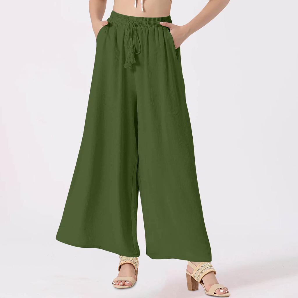 Damenhose mit weitem Bein, einfarbig, fließend, Boho-Stil, mit Kordelzug und hoher Taille