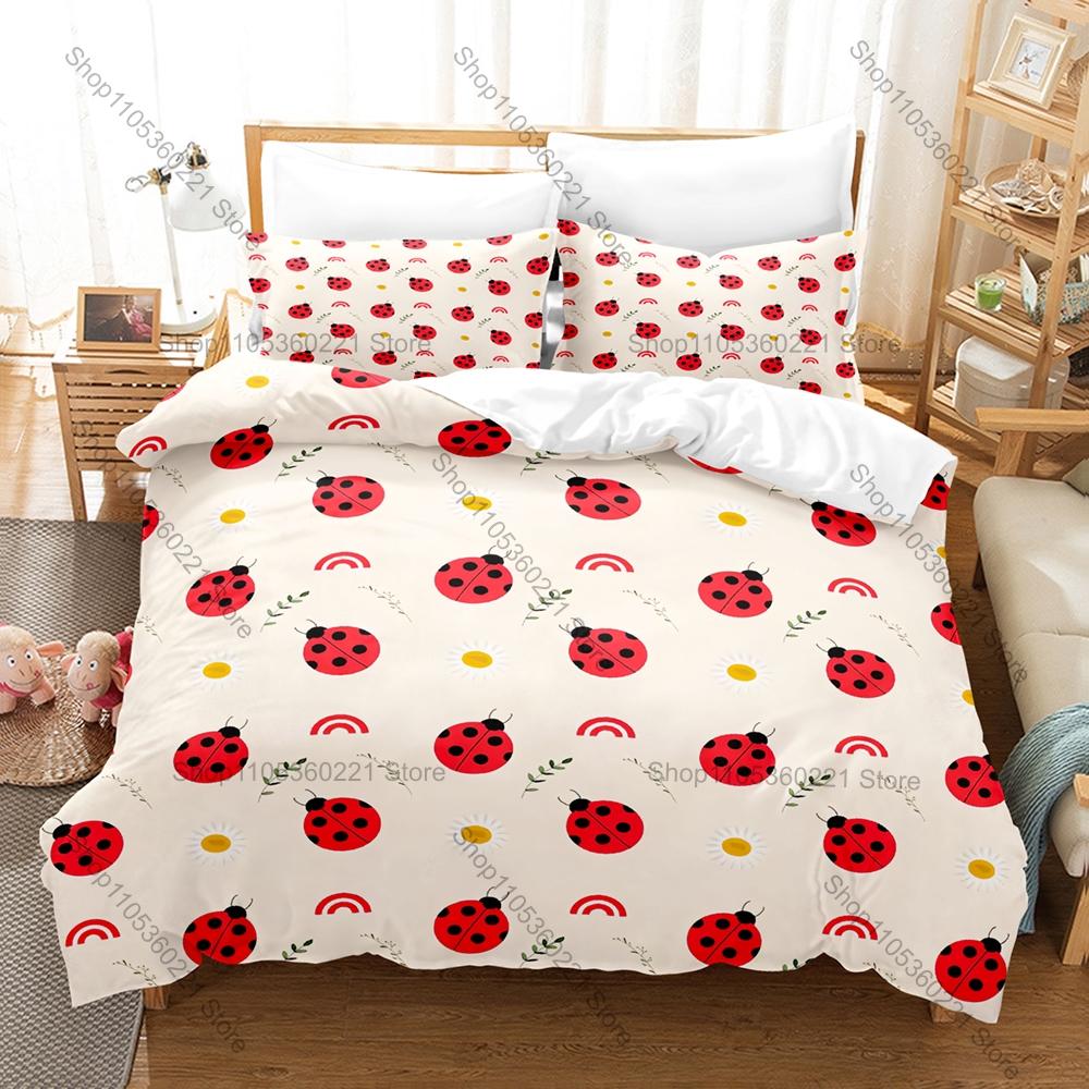 Joli Ensemble de Literie Trois Pièces Thème Coccinelle, Impression Vive, Matière Douce pour la Peau, Cadeau Idéal pour Enfants et Amateurs de Dessins Animés 100x130CM beige