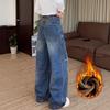 Plus Size Retro Wide-Leg Fleece-Lined Denim Pants for Women - Autumn/Winter