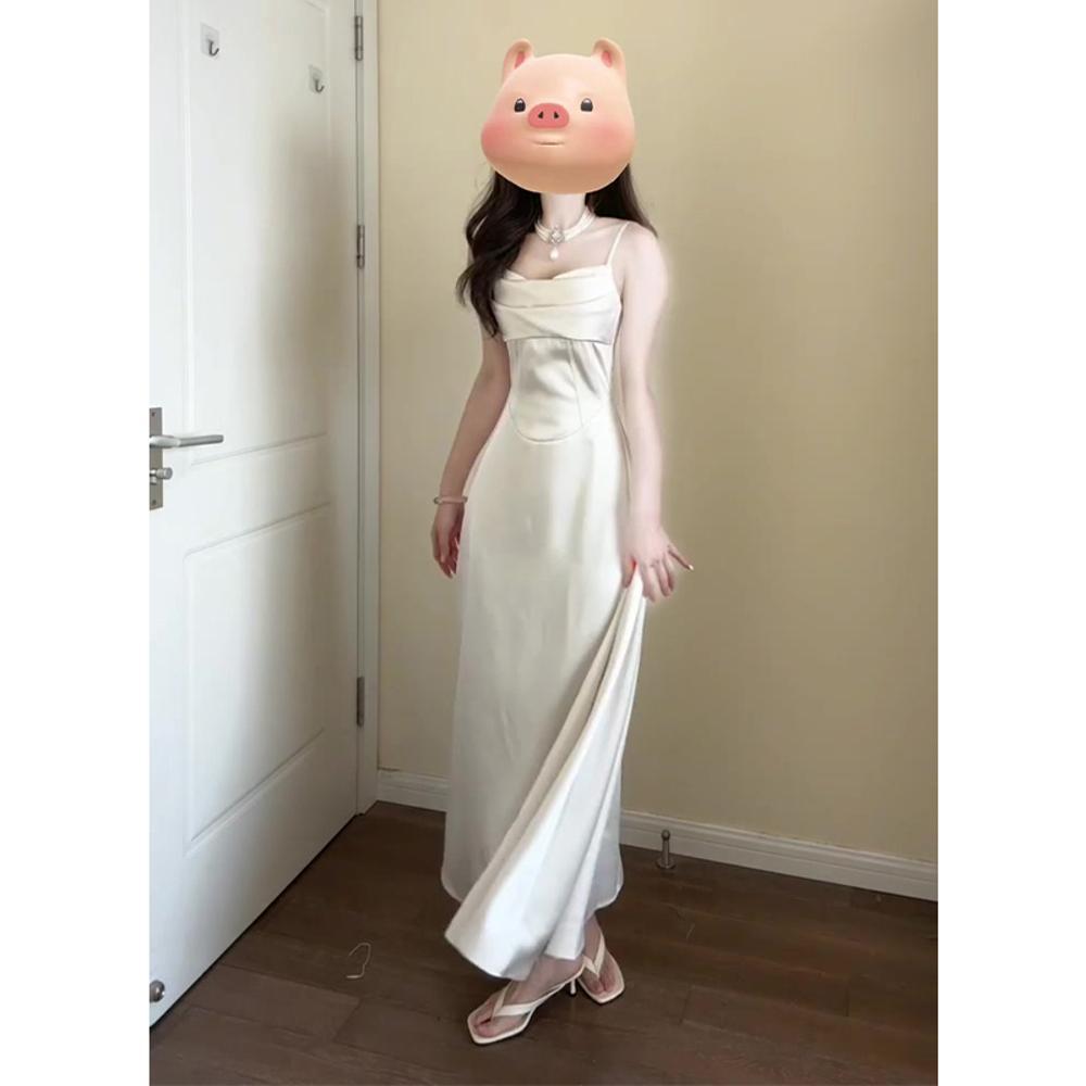 Temperament Satin Swing Neck Suspender Dress, Summer New Slim-fitting Waist Slim Dress Skirt