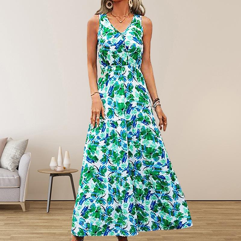 2025 Summer Women's Fashion New V-neck Casual Printed Sleeveless Dress