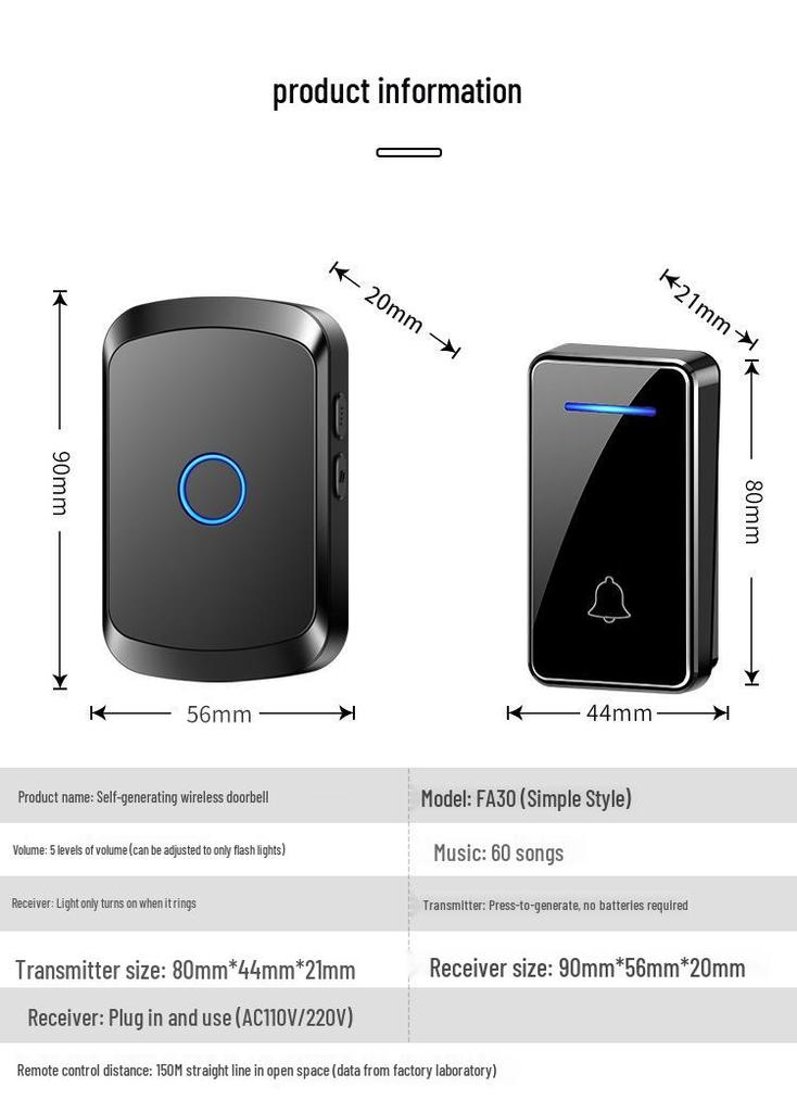 Smart Wireless Battery-Free Waterproof Doorbell for Long-Distance Use