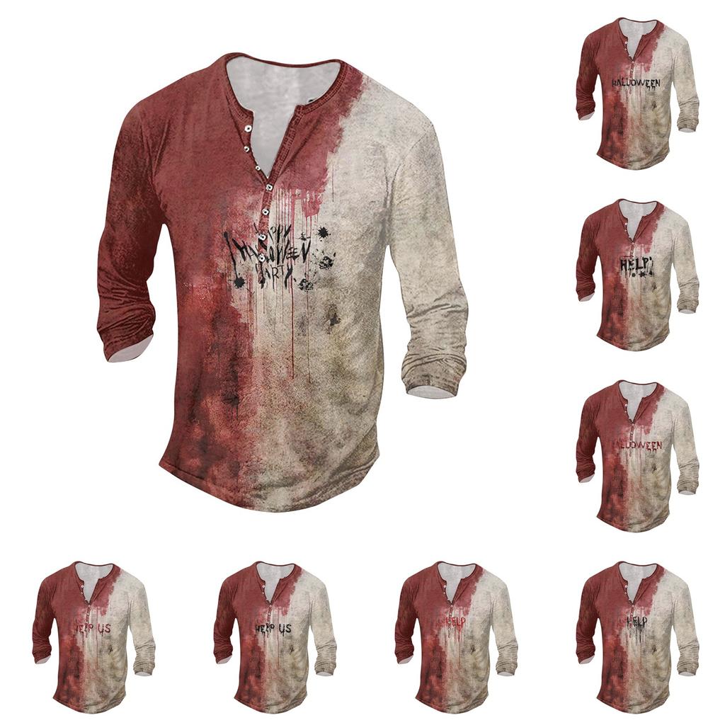 Pánské outdoorové retro tričko s potištěným knoflíkem s dlouhým rukávem