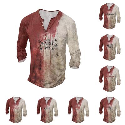 Men'S Printed T-Shirt Outdoor Retro Button Loose Long Sleeve Top