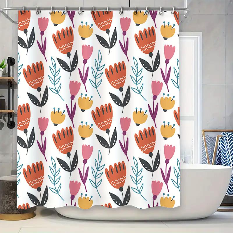 

Whimsical Floral Shower Curtain Bright Pink Orange Black White Decorative Bath Mat Unique Bathroom Accessories Set For Home Deco W60H190(CM)-1 Pcs