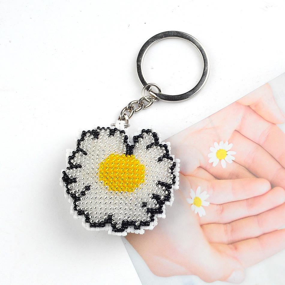 Chrysanthemum Floral Beaded Cross-Stitch Keychain Pendant