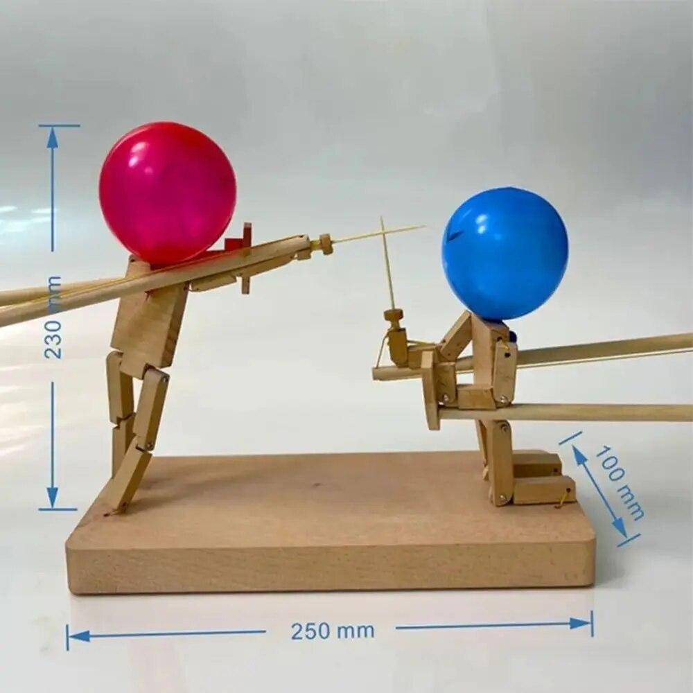 New Handmade Wooden Fencing Puppets - Balloon Bamboo Man Battle, Wooden Bots Battle Game for 2 Players, Whack a Balloon Party Games