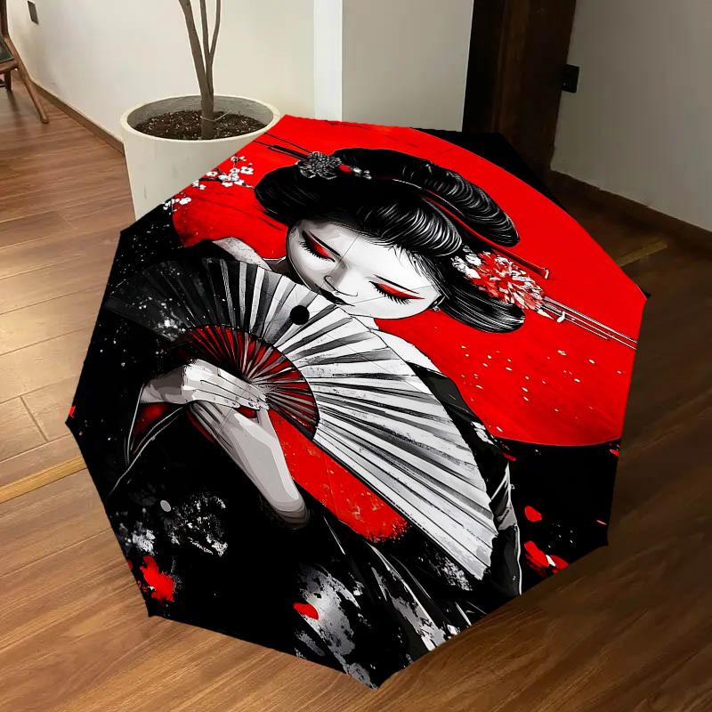 1pc Geisha Sakura Automatic Open/Close Umbrella Compact Folding Umbrella with 8-Rib Shaft for Women/Men, Elegant Birthday1182S