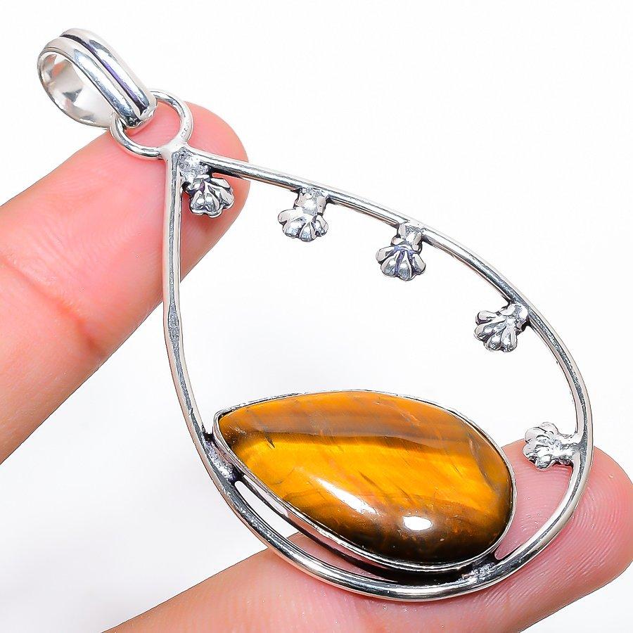 Tiger Eye Gemstone Handmade 925 Sterling Silver Jewelry Pendant 2.64"