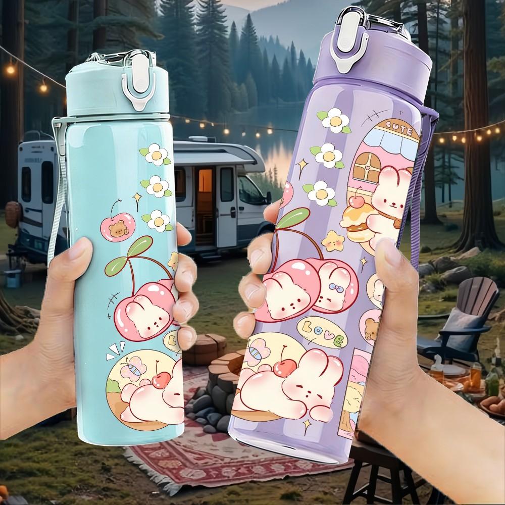 1PC Soft Pink Floral Girl Print 750ml Color Plastic Sports Water Bottle Leakproof Flip Straw Lid Suitable for Sports Office Home Use