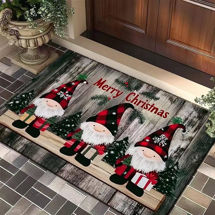 Rustic Wooden Texture Red Plaid Gnome Merry Christmas Doormat Non Slip Entrance Rug For Cozy Winter Holiday Decor Gift