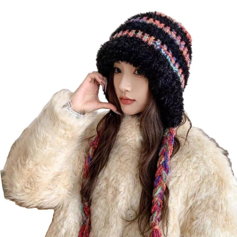 Winter new warm ear protection color rope plush hat women's plush thickened cycling pullover hat versatile windproof knitted wool
