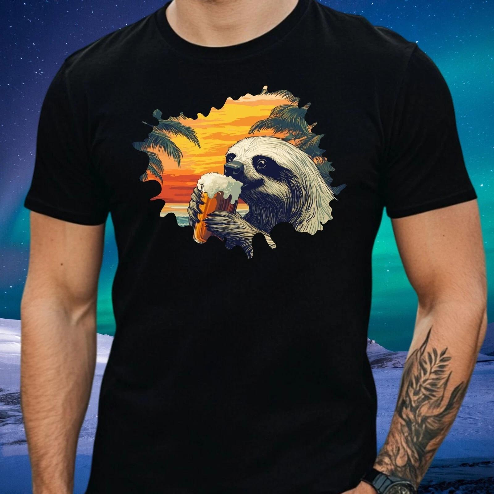 T-Shirt Herren Faultier trinkt Bier Motiv Baumwolle Größe S bis 5XL L