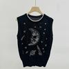 Summer Fashion Hollow Out Sweater Vest Sleeveless Moon Embroidery Knitted Top Women O-Neck Slim Black White Vest B-059