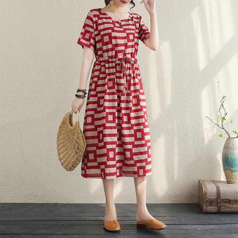 Real Shot Summer New Cotton and Linen Literary and Retro Ethnic Style Waist Thin Short-sleeved Dress Women