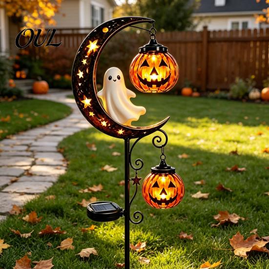Dekorative Metall-Gartenstäbe Solar Halloween Gartenstecker-Licht, Automatisches Ein-/Ausschalten Halbmond Schwarze Katze mit Hängenden Gruseligen Außen-Terrassen-Akzenten Kürbis