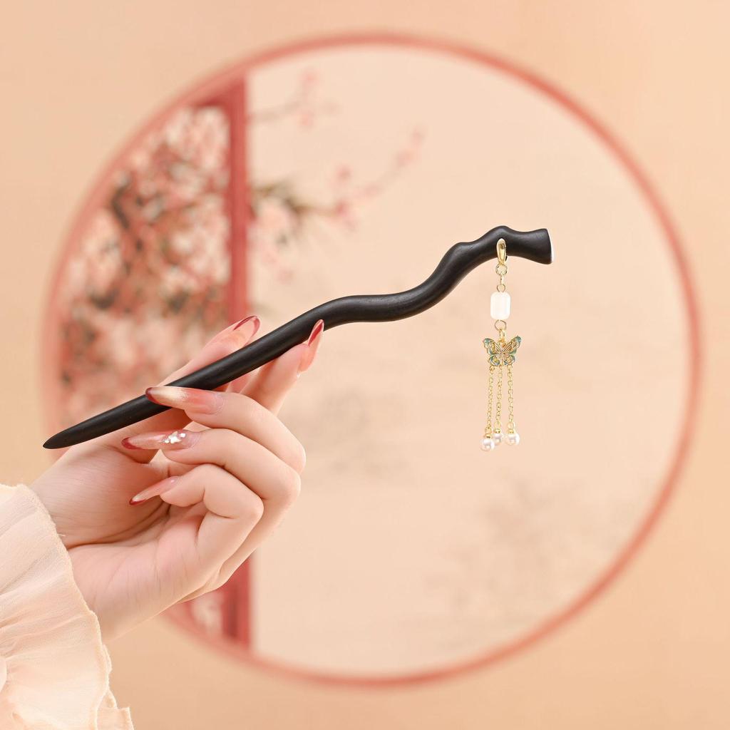 Ancient Style Black Sandalwood Tassel Hairpin for Qipao & Hanfu