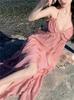 Pink Resort Backless Suspender Dress, Exquisite Fairy Beach Dress for Seaside Photos