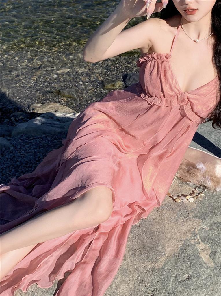 Pink Resort Backless Suspender Dress, Exquisite Fairy Beach Dress for Seaside Photos