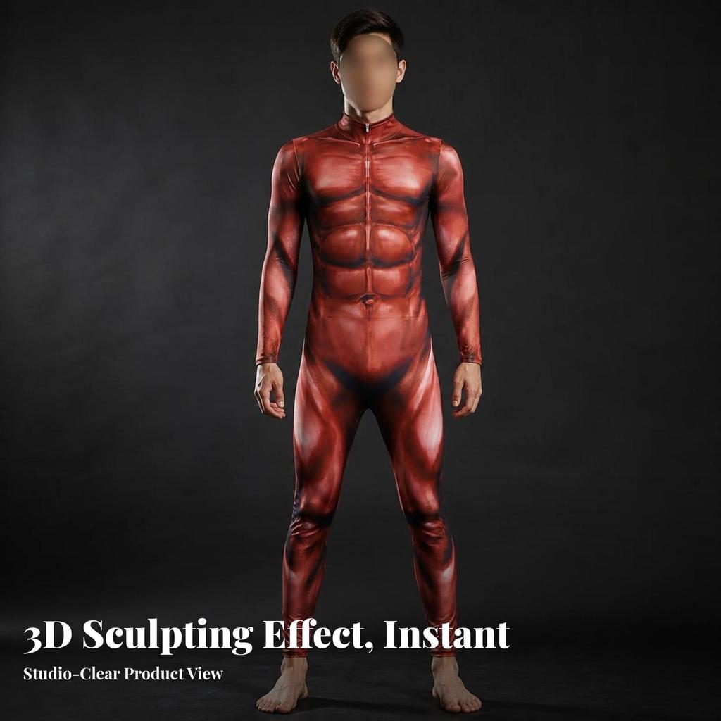 FormFitting Muscle Print Jumpsuit | OnePiece Style, Front Zipper Closure, with