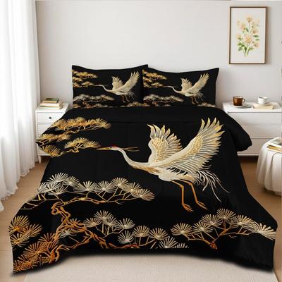 Bettdecken-Set Queen Size Schwarz Gold Kiefer und Kran Bettwäsche-Set 3D Vintage Chinoiserie Druck Bettwäsche Weiß Gold Vogel Baum