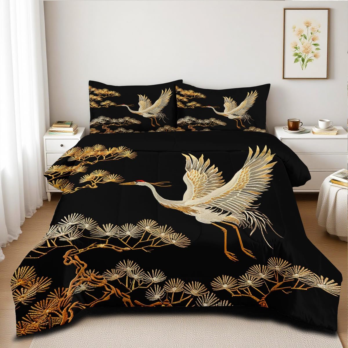 

Comforter Set Queen Size Black Gold Pine And Crane Bedding Set 3D Vintage Chinoiserie Printing Bedding White Golden Bird Tree EU Twin(135x200cm)