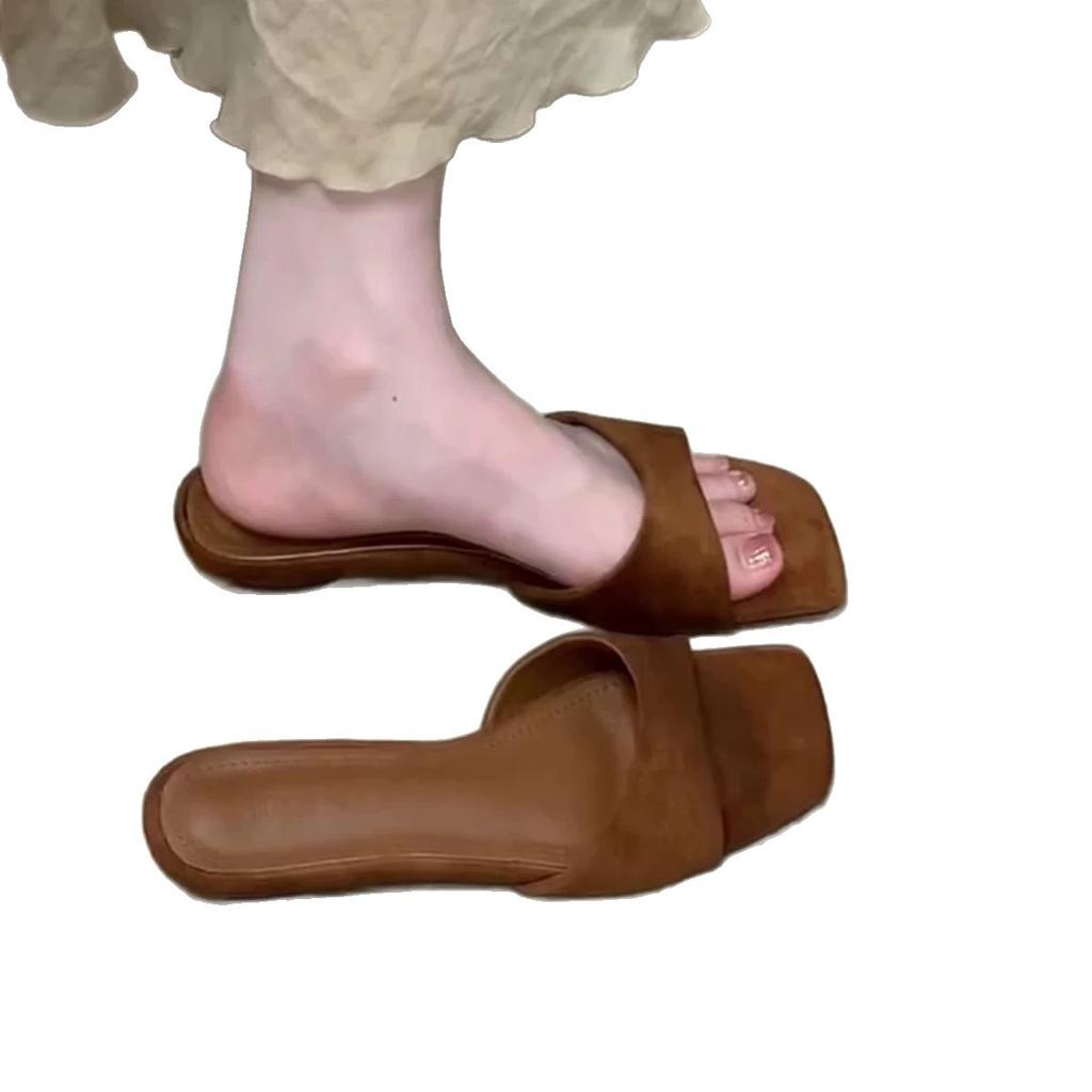 Sheepskin Version~ Simple Square Head Low-heeled Open-toed One-word Slippers for Women's Outer Wear 2025 Summer New Versatile Cool Slippers