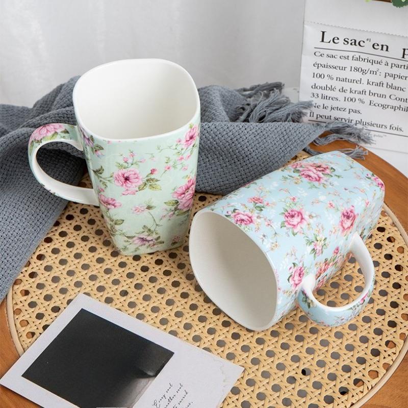 Bone China Floral Mug 610ml Large Capacity Tall Coffee Cup for Home Office Gift