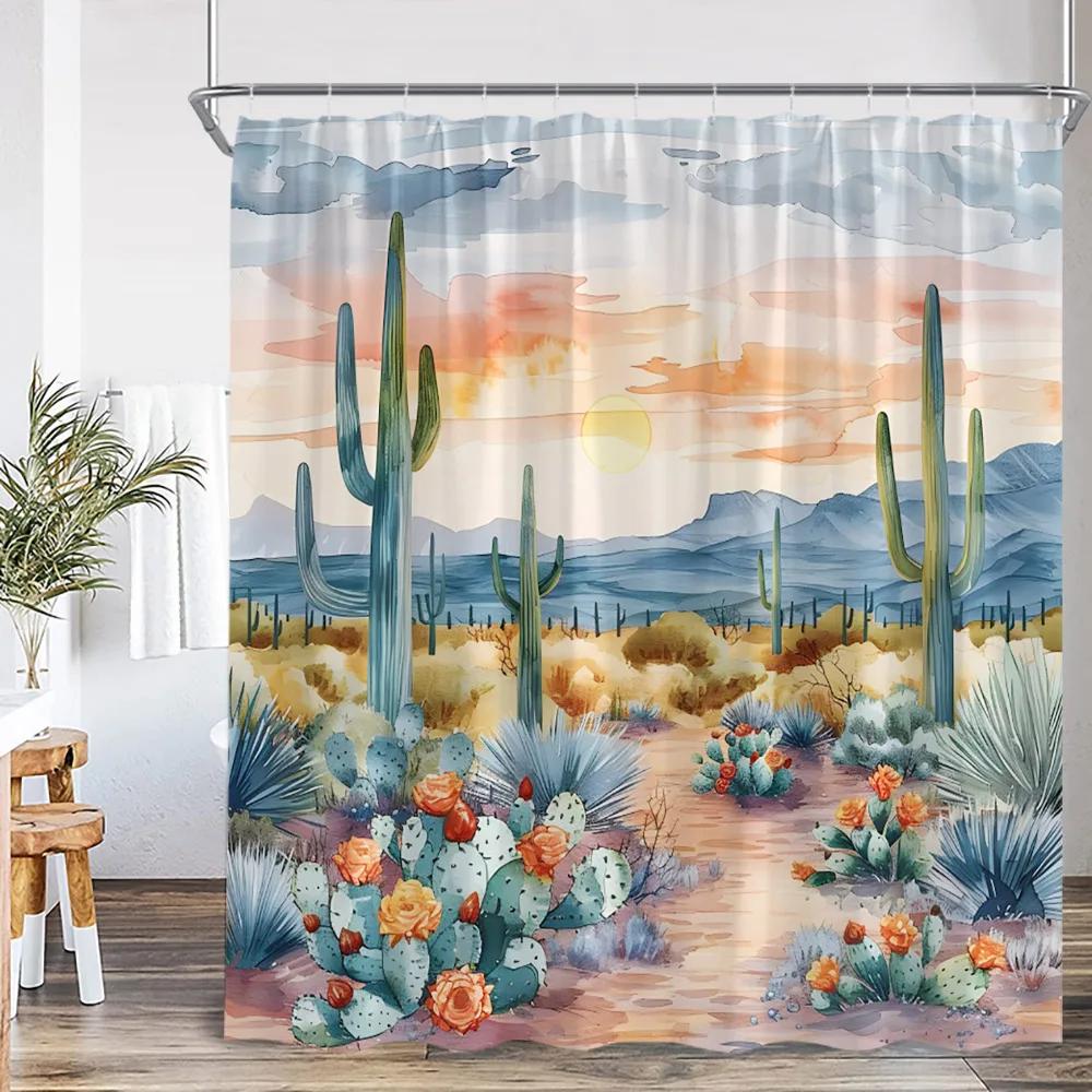 Cactus Cartoon Shower Curtain Desert Green Plant Watercolor Boho Vintage Bathtub Curtain with Hook Home Decorations for Bathro