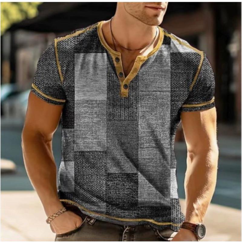 European and American semi-cardigan, casual short-sleeved digital printing slim-fit pullover Henry T-shirt top men's clothing
