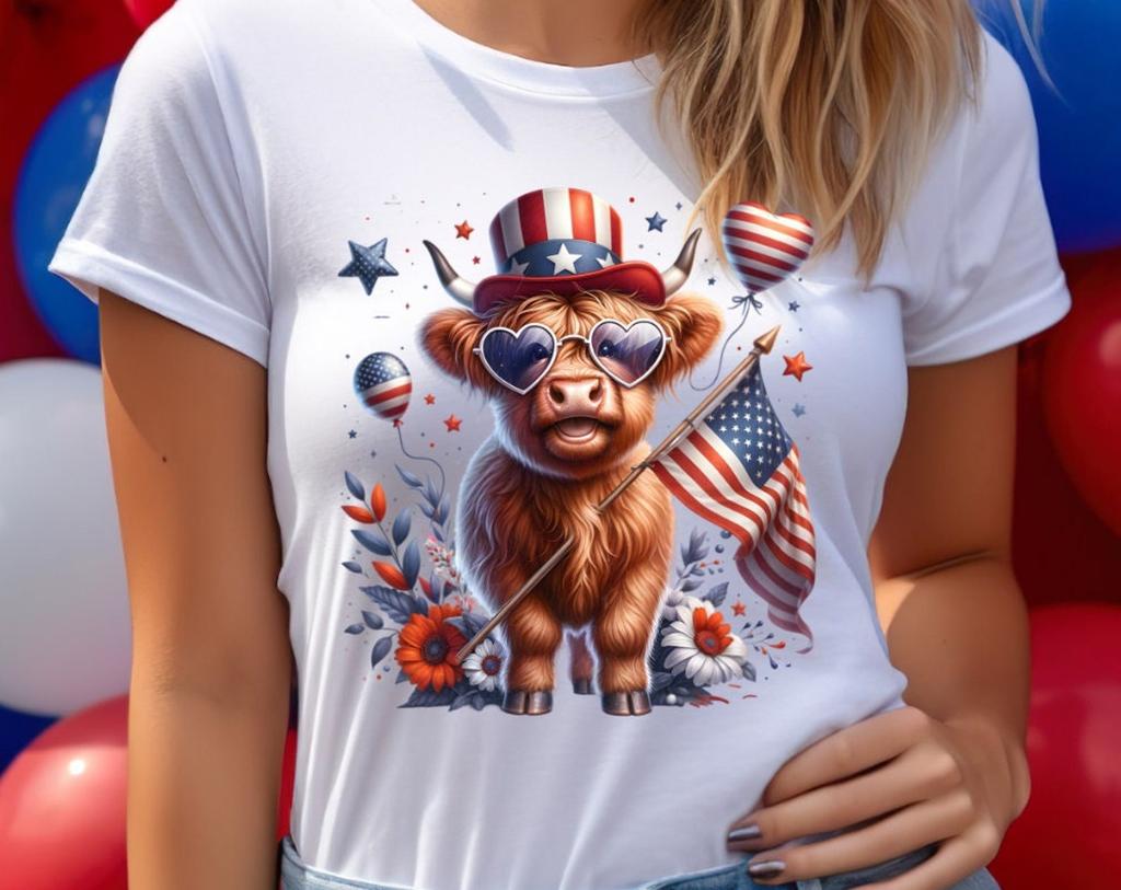 Western America Highland Cow,4th of July Shirt,Cute Patriotic Shirt,Independence Day Tee,Freedom Shirt,4th of July Gift,Proud to Be American