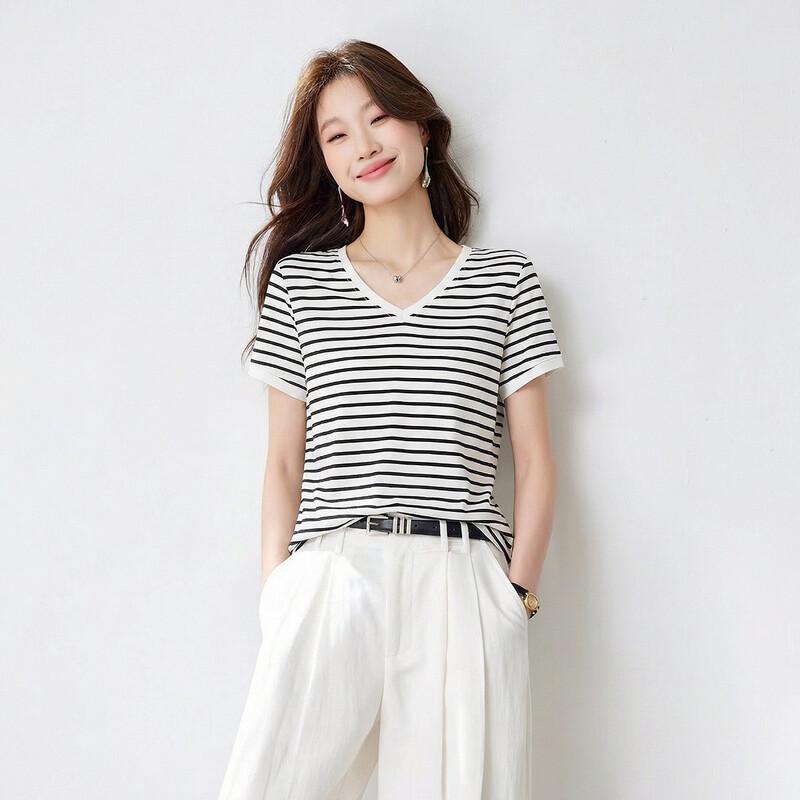 Srcr Women's 100% Mulberry Silk Striped V-neck Short Sleeve T-Shirt