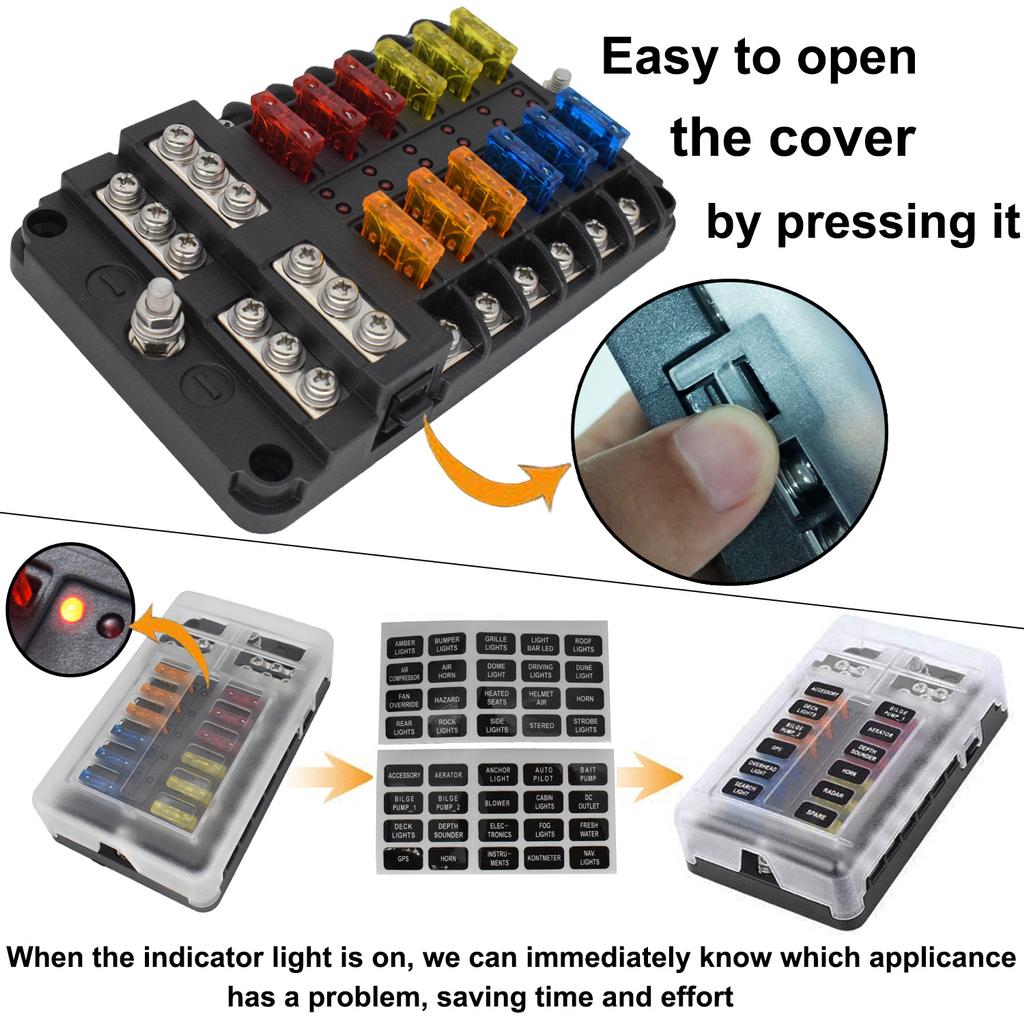 32V Plastic Cover Fuse Box Holder M5 Stud With LED Indicator Light 12 Ways Blade For Auto Car Boat Marine Trike RVs Ship Pickup