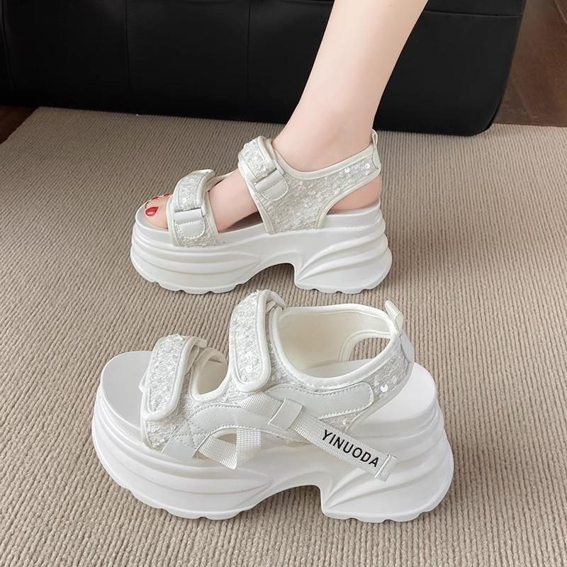 

8CM Chunky Platform Sandals Women 2025 New Summer Bling High Heels Sandals Woman Beach Casual Slides Thick Sole Walking Slippers 35 білий
