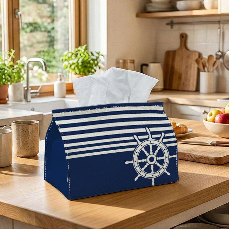 1pc Minimalist Modern Tissue Box, Nautical Ship Wheel Blue & White Perfect for Outdoor Gatherings, Daily Desktop Use, And Suitable for Bedrooms, Livin