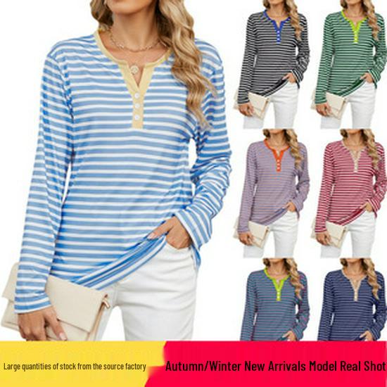 2024 Women's Autumn/Winter V-neck Jacquard Solid Color Loose Three-quarter Sleeve T-shirt