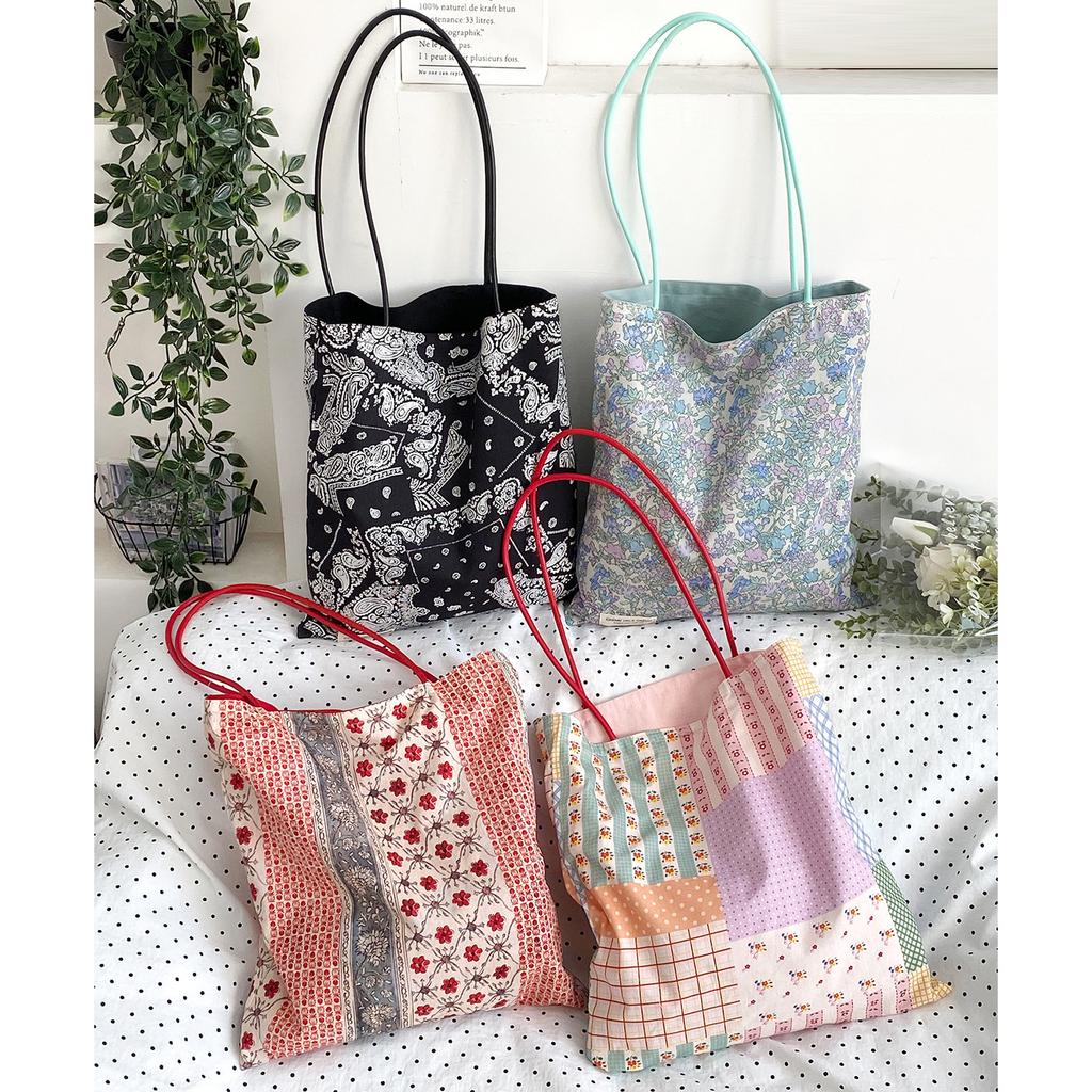 Spring New Korean Style Floral Double-Sided Shoulder Bag for Women Fresh Travel Canvas Tote Handbag