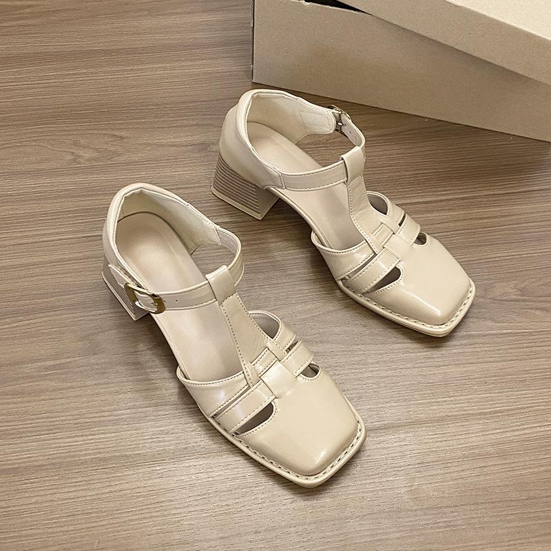 

Comfortable and good 2025 summer new thick heel high heels imitation leather square head women s shoes French retro bag head Roman sandals 40 абрикосовый