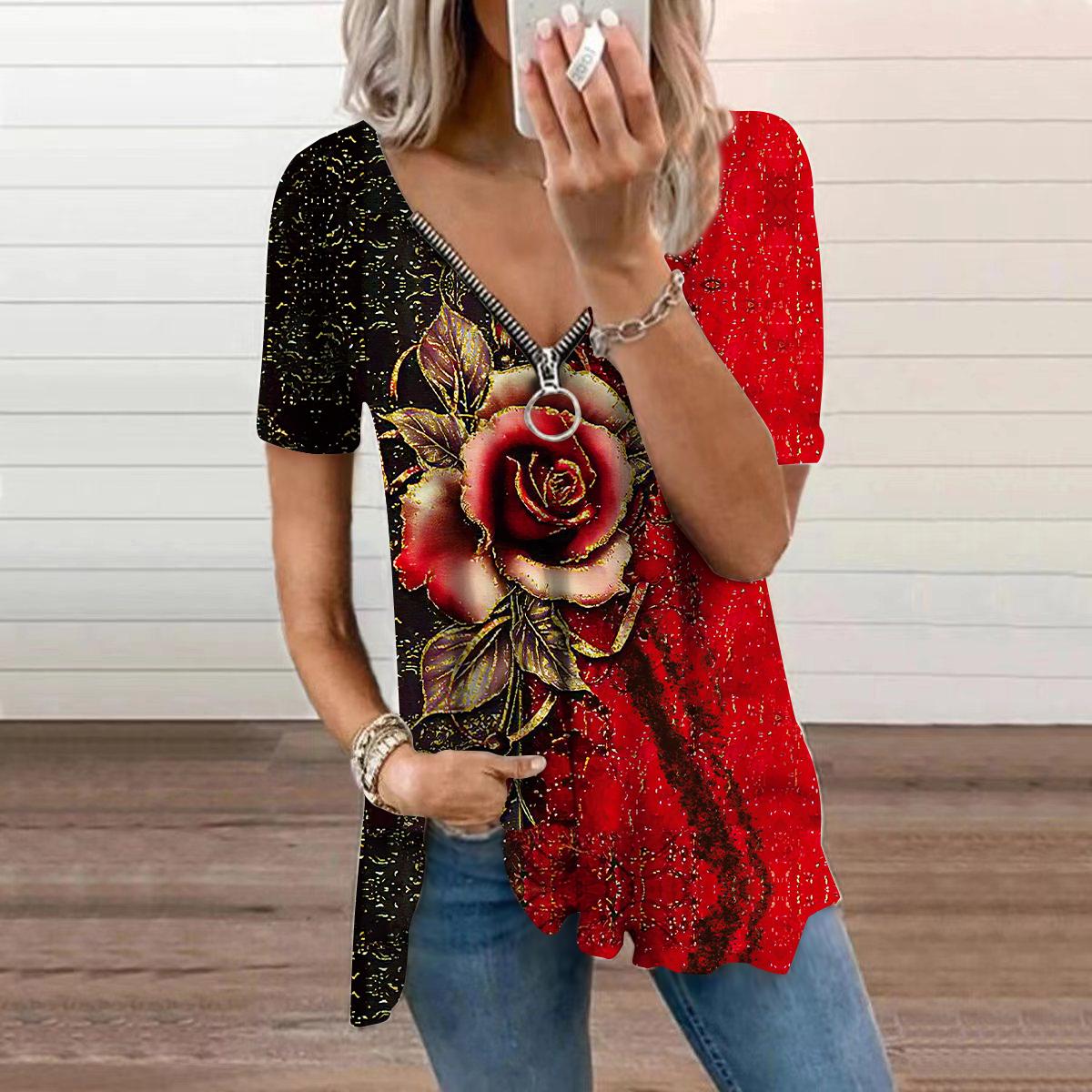 

Женский топ, летний новый модный синий повседневный топ с принтом тюльпанов и застежкой-молнией с v-образным вырезом и короткими рукавами 8XL