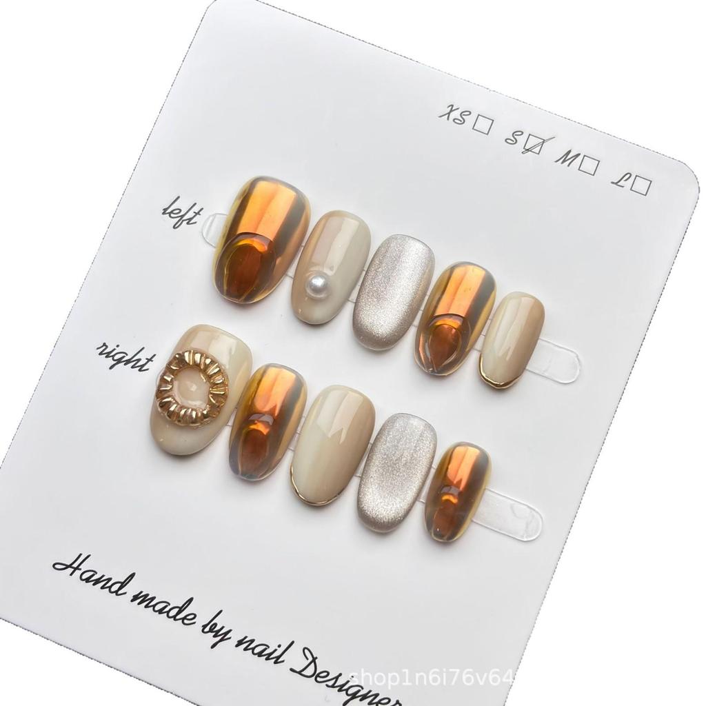 Hope Light Porcelain White Cat Eye Wearable Nails - Handmade Pinching Style, Popular Whitening Moonlight Design