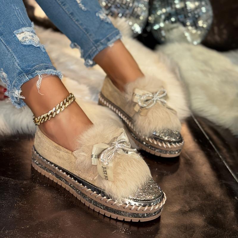 Women's Slip-On Winter Slippers with Rhinestone Bow Plush Faux Fur-Like Collar