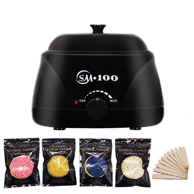 Elektrischer Wachserhitzer, Paraffinwärmer, Haarentfernungsmaschine, 100 g Bohnen, 10 Stück Holzaufkleber, Haarentfernungssets, Wachsset