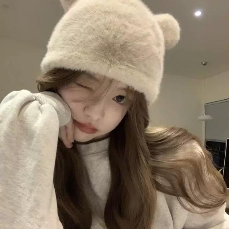 New Bear Plush Hat Female Cute Wool Warm Fluffy Big Head Circumference Knitted Cold Hat Autumn and Winter