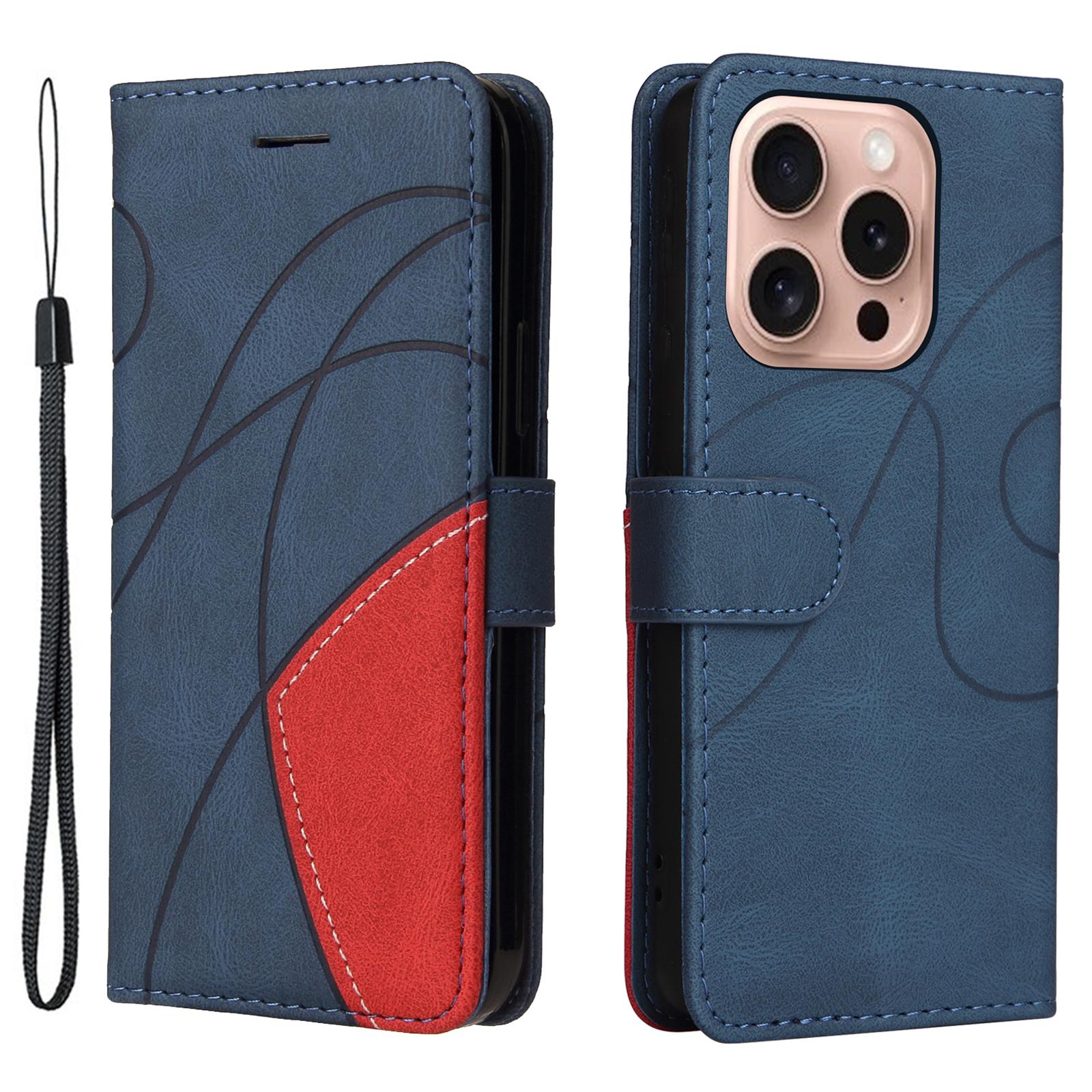 

For iPhone 16 Pro Leather Case Wallet Stand Color Splicing Phone Cover Blue