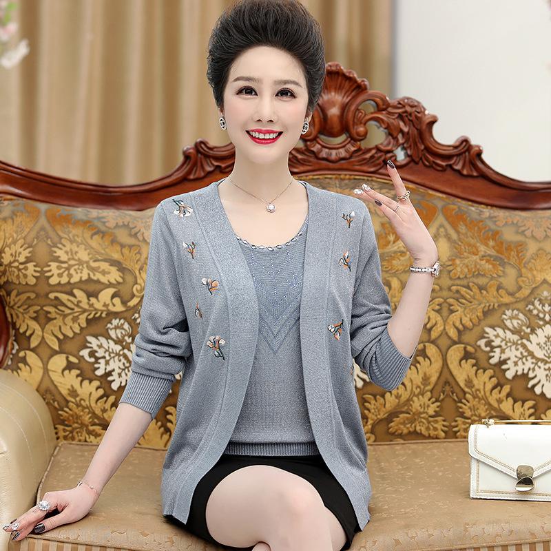 Middle-Aged Women s Spring & Autumn Knit Two-Piece Cardigan Set - Stylish Thin Jacket for Early Spring & Summer 3XL (for 150-165 jin) синий