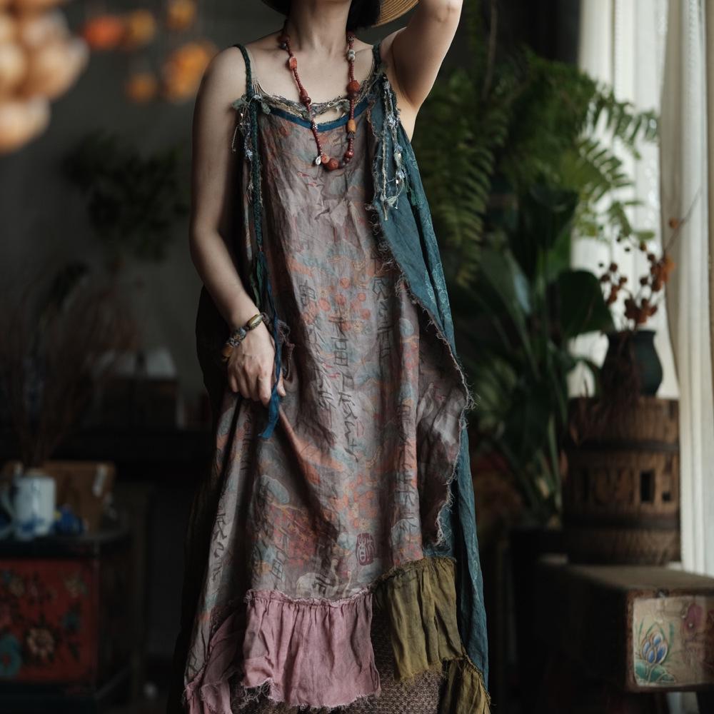 Artistic High-End Summer Ramie Camisole Dress with Fragrance Patch